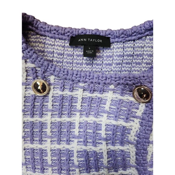 Ann Taylor Crochet Twee Sweater Cardigan Womens Large Lavender Checked Corpcore - Picture 9 of 10